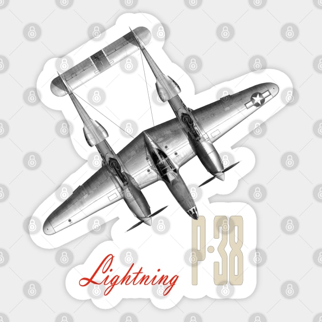 P-38 Lightning WW2 fighter aircraft airplane Sticker by Jose Luiz Filho